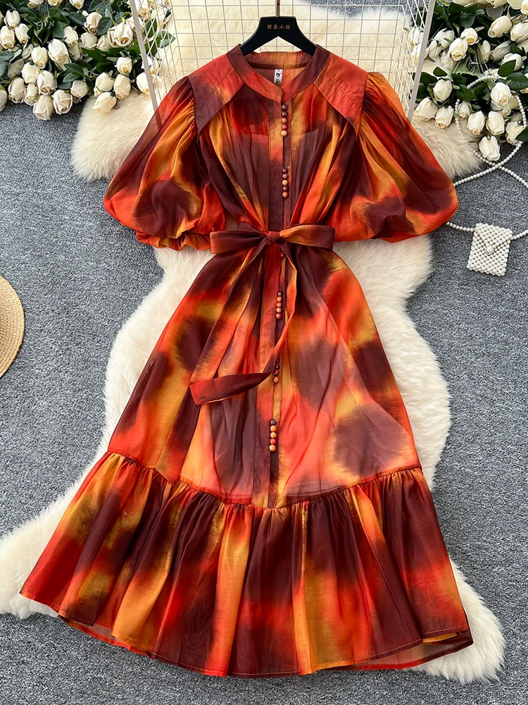 หรูหรายุโรป High-end พิมพ์แขนฟองชุดผู้หญิงฤดูร้อนสายรัดเอว Cinching Elegant Party Dress S77