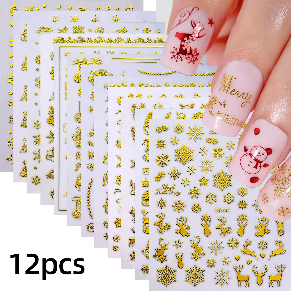 12Pcs Bronzing 3D Santa Claus Snowman Nail Sticker 3D Snowflake/Elk/Tree Winter Xmas Slider New Year Adhesive Decal Manicure Acc