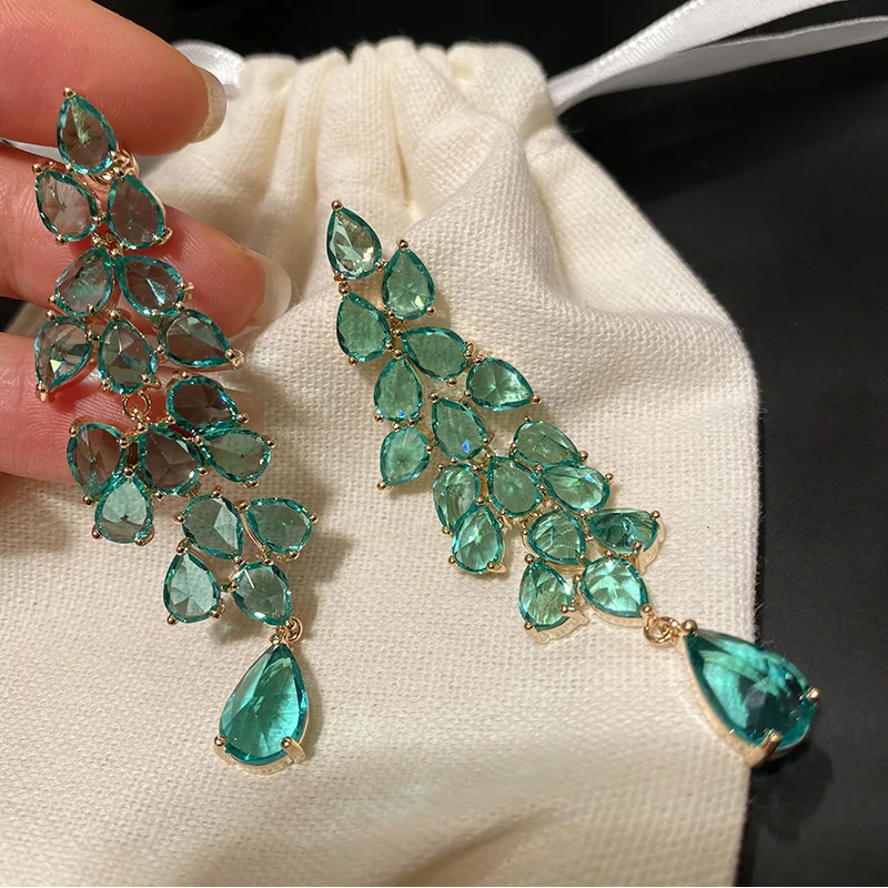 

DIY accessories Cross-border exaggerated green diamond leaves, fringed leaves, long earrings, earrings, European and American li