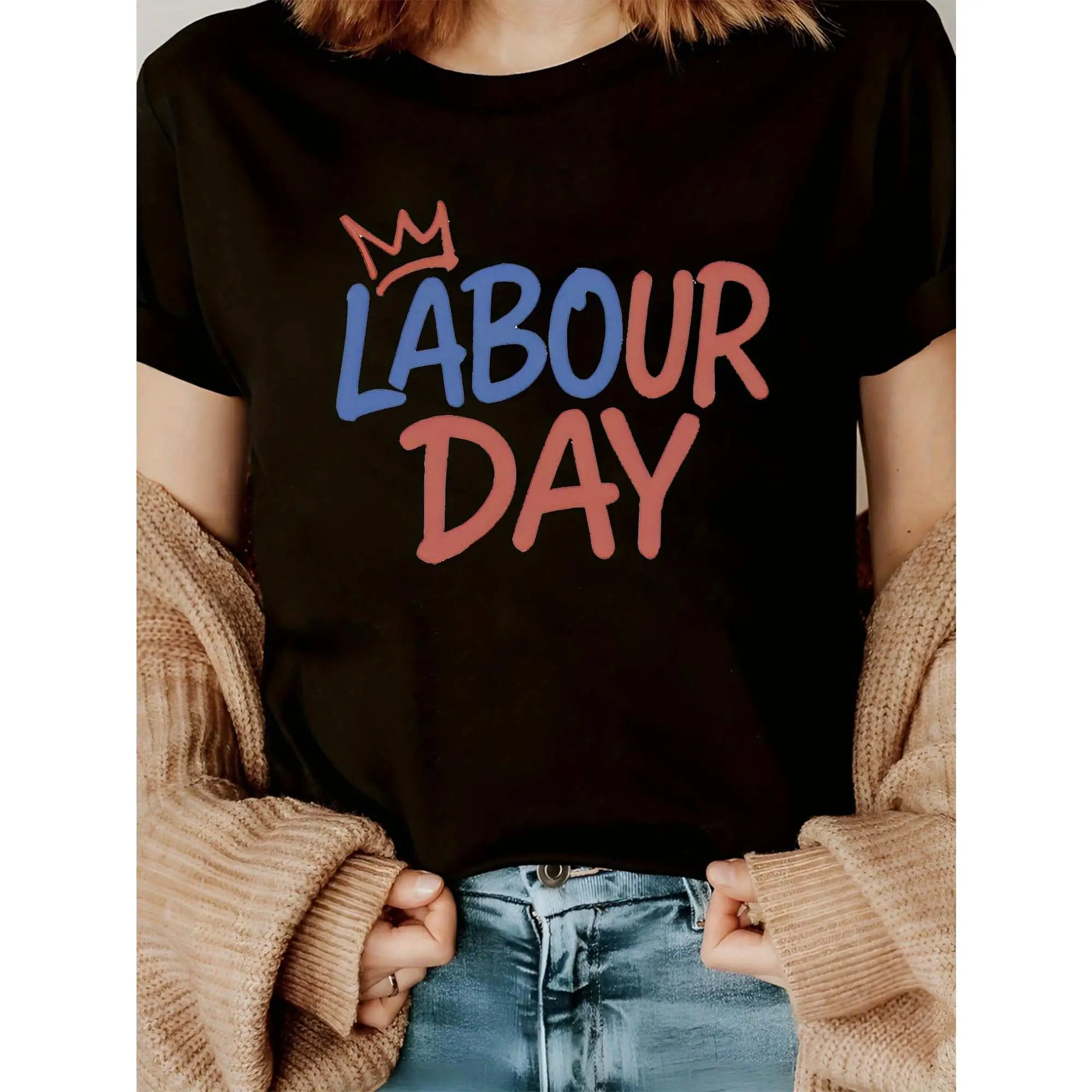 

Happy Labour Day T-Shirt Men Women Worker Appreciation Gift Crown Graphic Cute Pink Blue Font Holiday Casual Tee