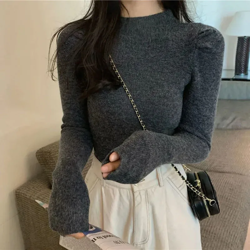 

Autumn Mock Neck Knit Sweaters Women Winter Slim Warm Simple Base Pullovers Harajuku Solid All-Match Long Sleeve Jumper New