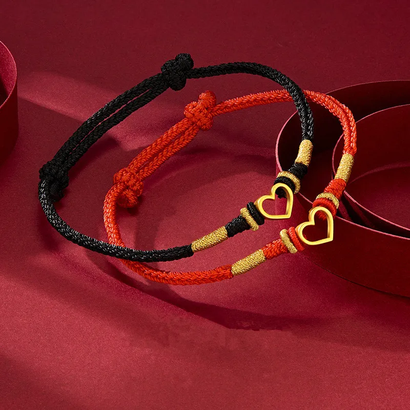 

LABB Full gold 999 heart-shaped bead 3D hard gold bracelet woven with red and black rope, women's boutique jewelry gift B0037