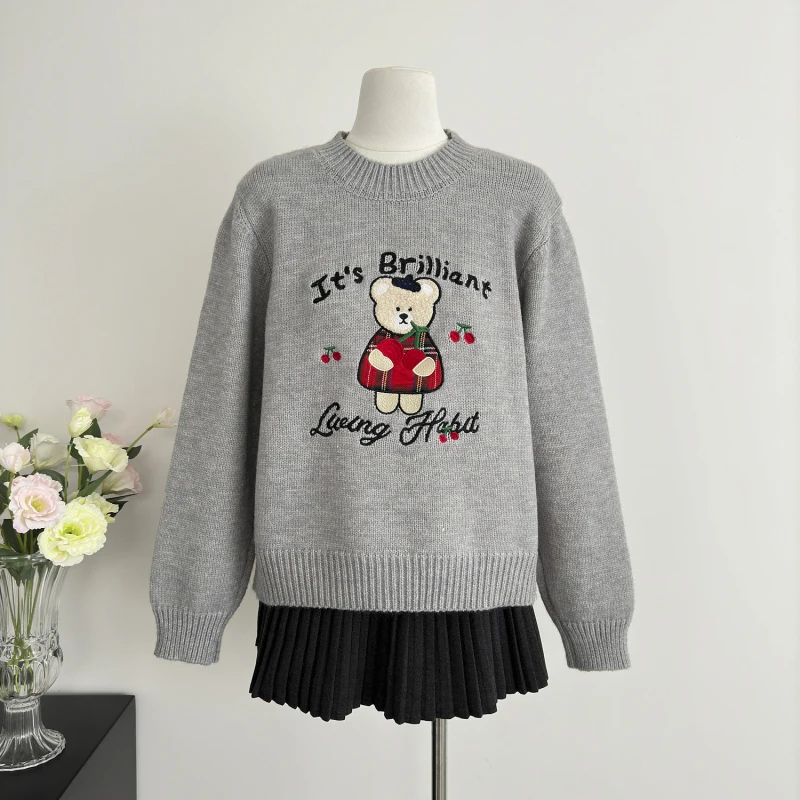 LUZHEN Cartoon Bear Embroidery Pattern Long Sleeve Knitted Pullover Women's Fashion Simple Casual Sweater 2024 New Loose AA2583