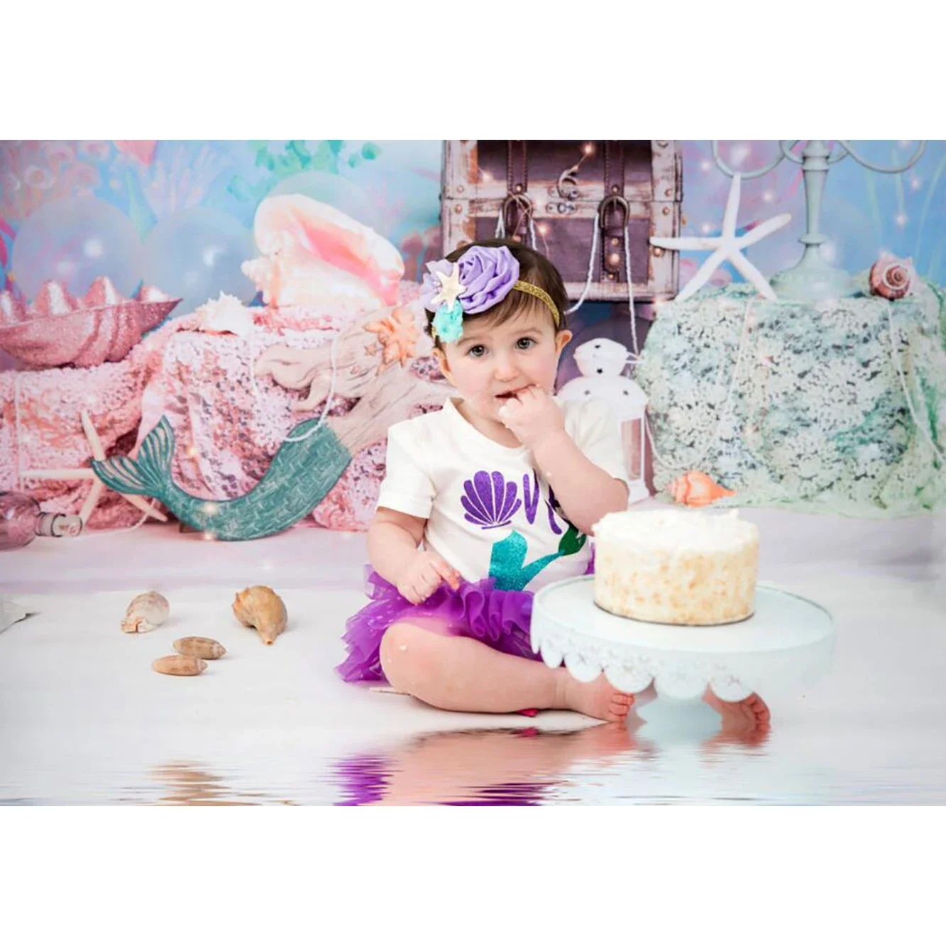 كعكة سحق الاطفال حورية البحر خلفيات للتصوير الفوتوغرافي 1st حفلة عيد ميلاد خلفية تحت سطح البحر موضوع طفلة الطفل صور استوديو الصور