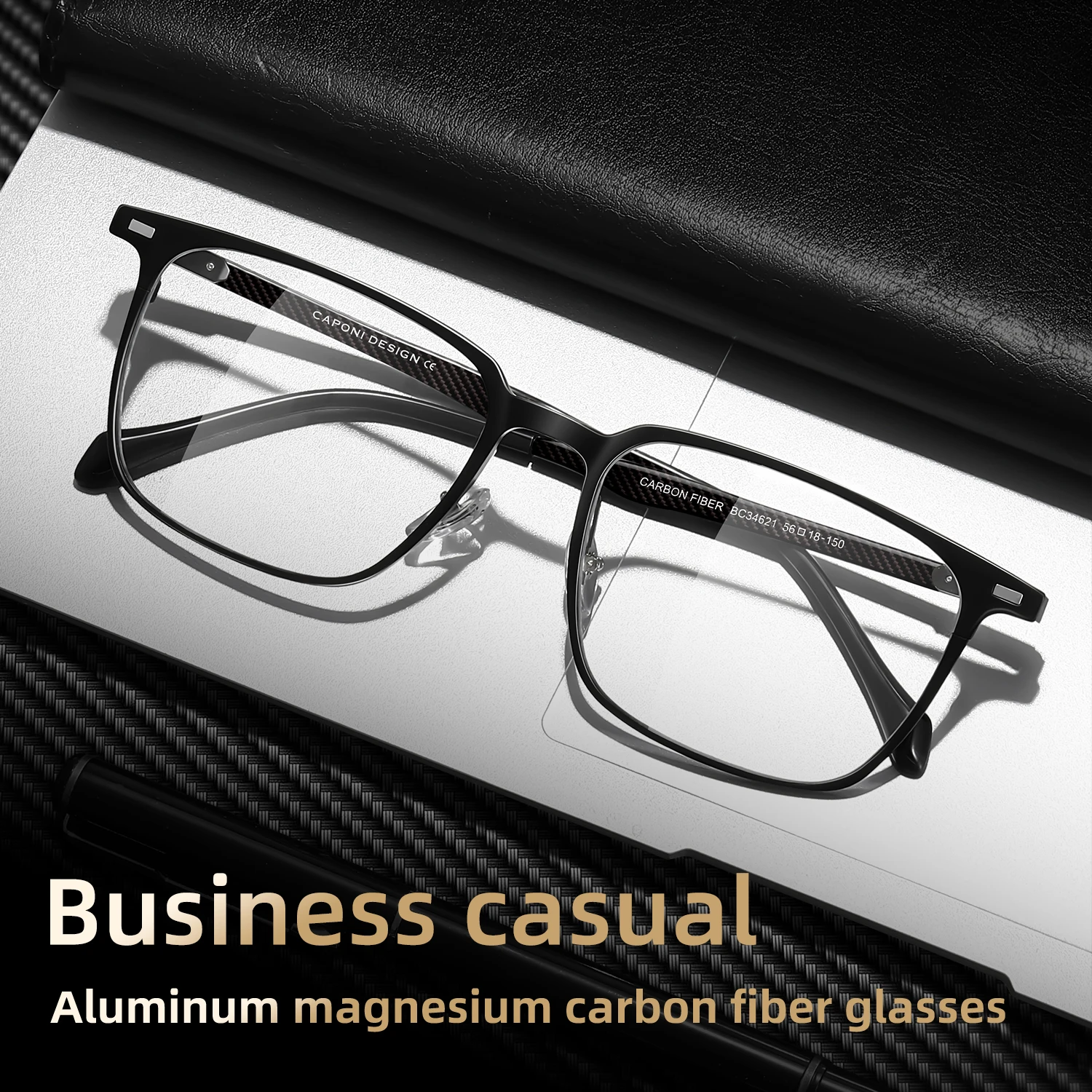 CAPONI ألياف الكربون الرجال النظارات النمط الكلاسيكي نظارات بمادة الخلات الإطار الضوء الأصلي مكافحة بلو راي UV400 النظارات السوداء J34621 #4