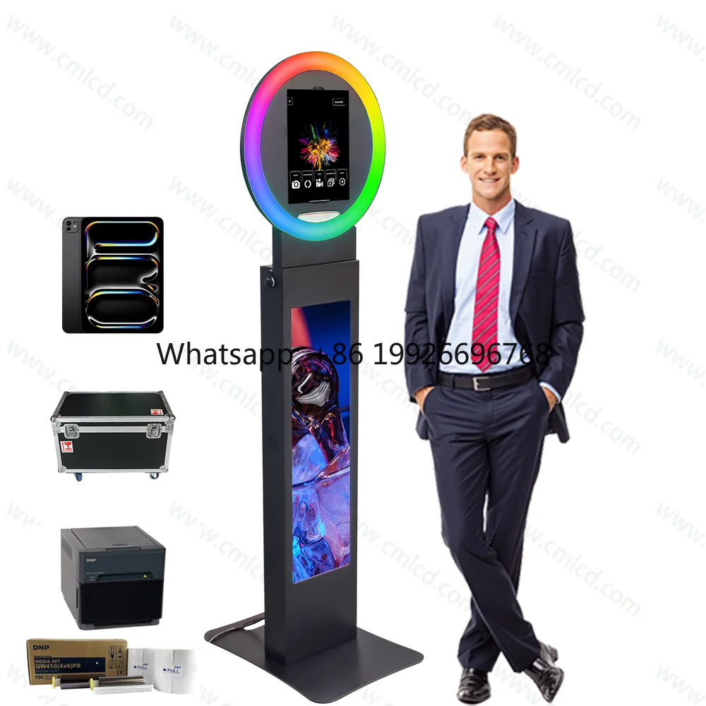 

Round Surface Pro iPad Photobooth with LCD Screen on the Column Smart Photobooth With LCD Advertising Screen Party Photo Selfie