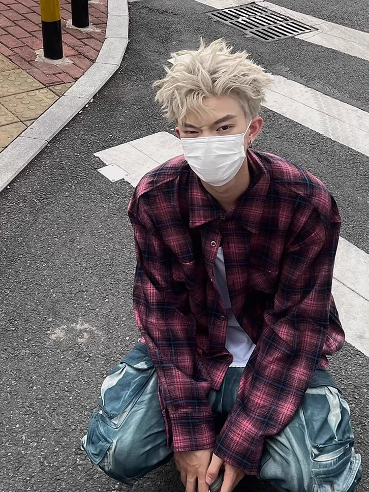 Retro Amerika adient Kotak-kotak Panjang Sve irt ex Musim Gugur Trendi Merek Pasangan Bersorak Irt Mantel Longgar Cocok Muda...