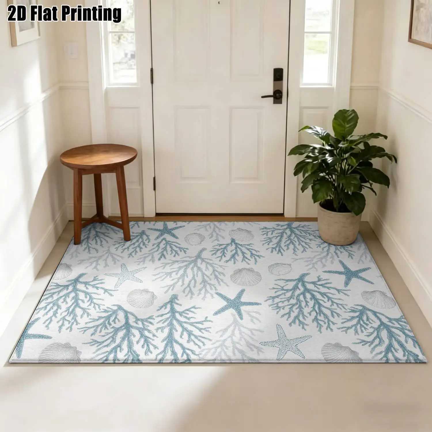 1Pc 2D Printed Carpet: Blue White Marine Life Pattern Nordic Style Instagram-Worthy Rug, Machine Washable, Multi-Size for Home Decor, Multiple Scenes