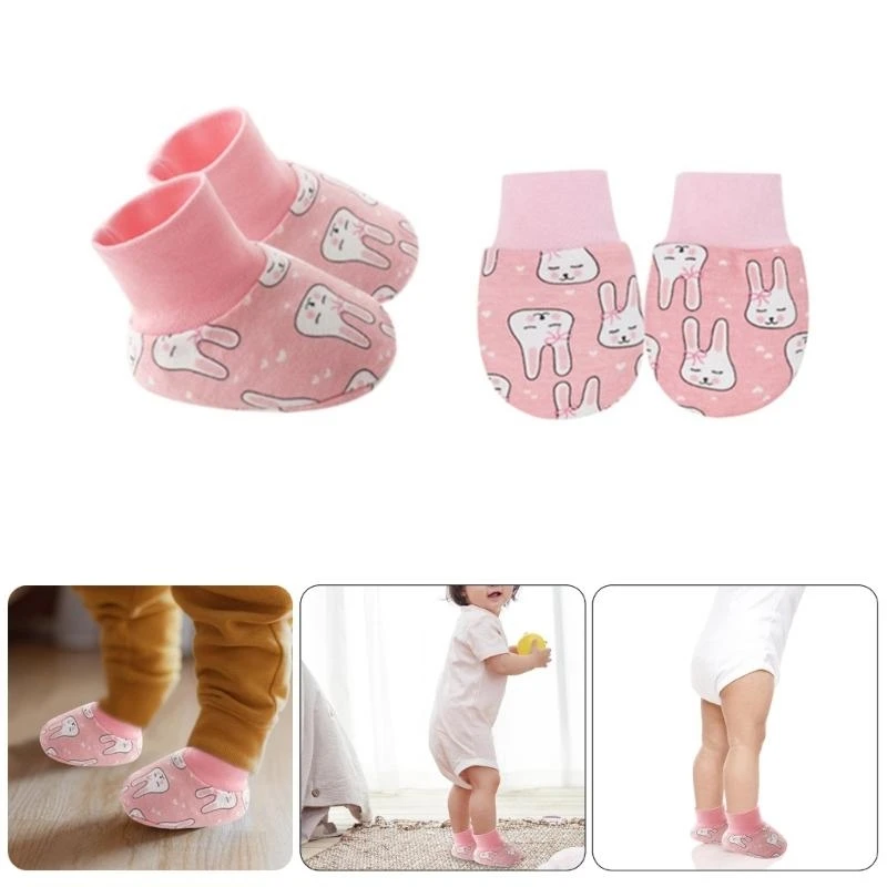 

QX2D 2025 Cartoon Newborns Baby Gloves Anti-scratch Mittens Foot Cover 2-piece Set
