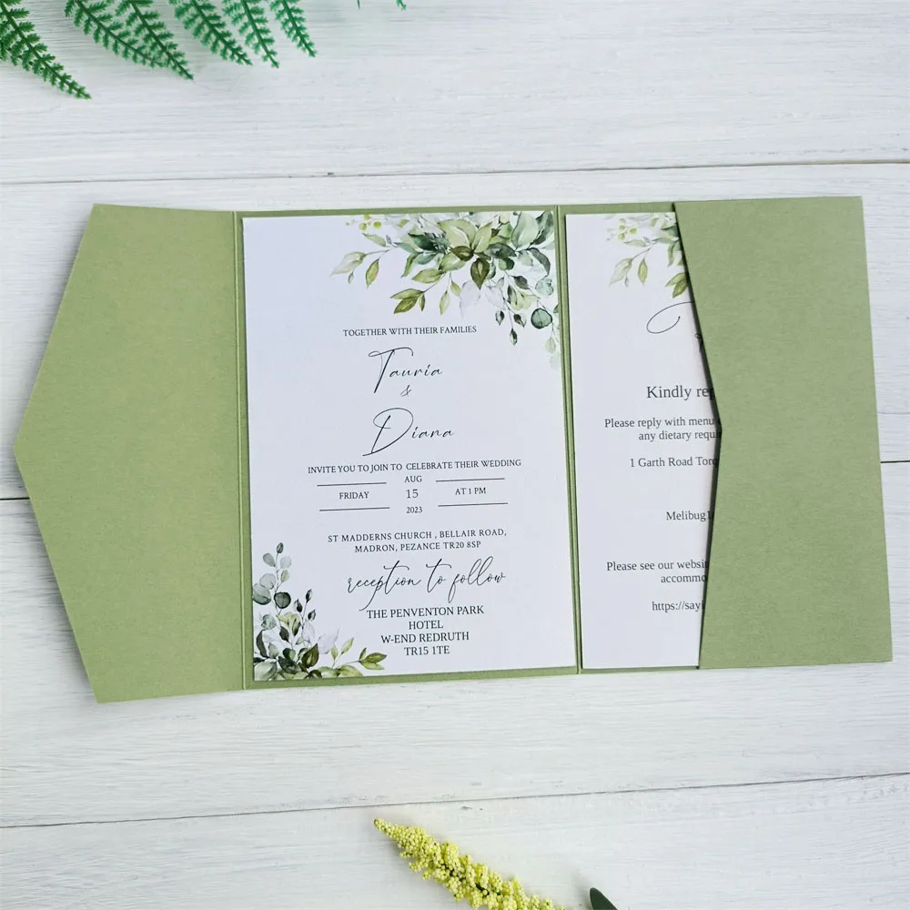 Olive Green Invitation Pocket Envelope, Customized Invite RSVP prinitng, 50 Sets