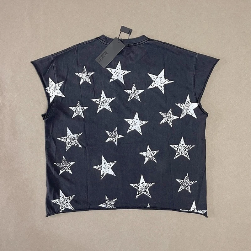 Satoshi Render Hole Sleeveless Tank Top Star Print High Quality Black Blue Lovers T‑Shirt For Men Women