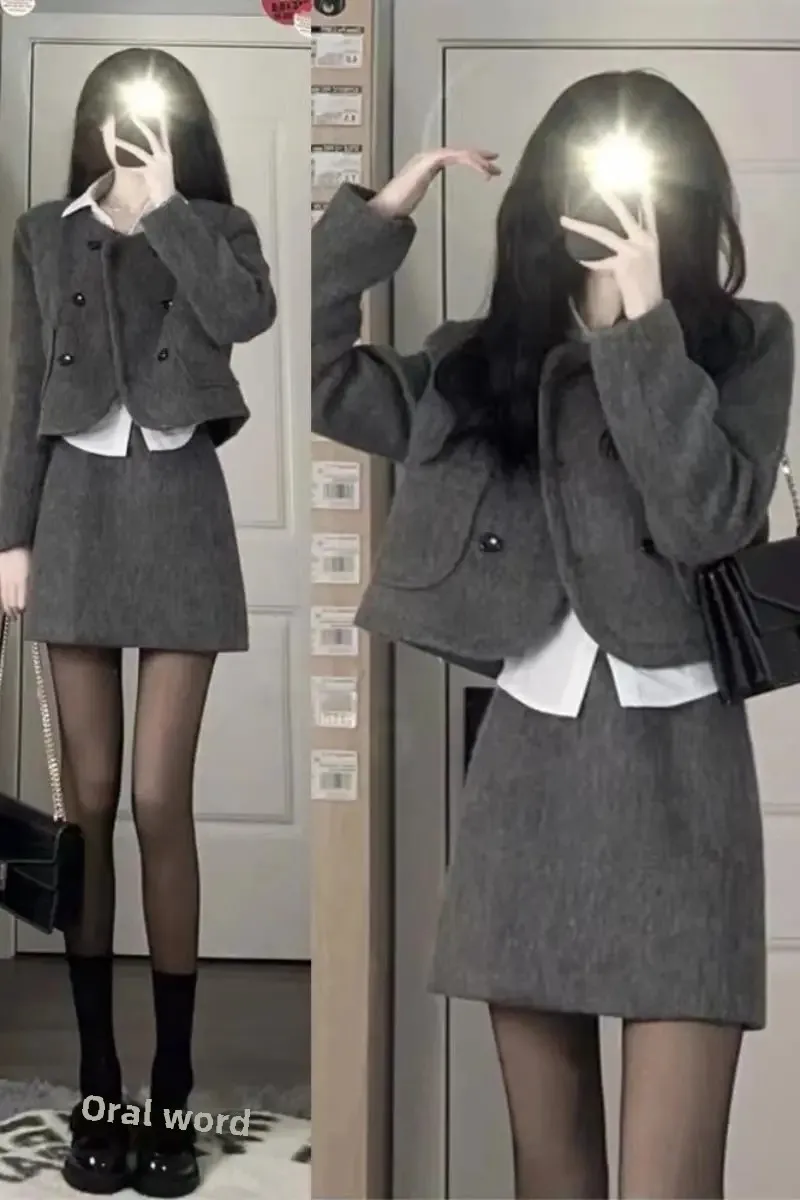 Elegant Tweed Style Woolen Cropped Jacket Women's Autumn/Winter New Suite Skirt 2-Piece Set French Chic Petite Skirt