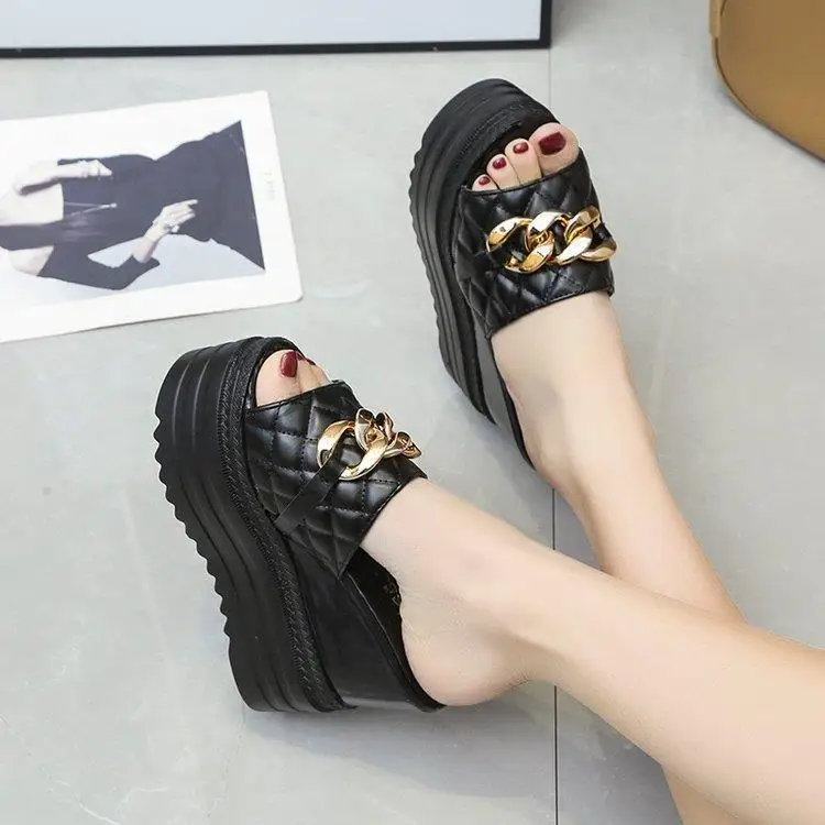 12cm Super High Heels Women Slippers Metain Chain Height Increasing Slides Women Wedding Shoes New Platform Black White Shoes