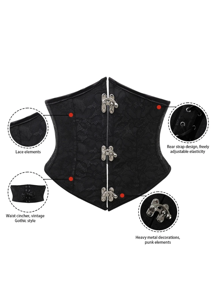 Damen Gothic Spitzen-Unterbrustkorsett, Taillenformer mit Vorderverschluss, Rücken-Schnürung, verstärkt, Vintage, Halloween-Party, Clubwear – Detail 5