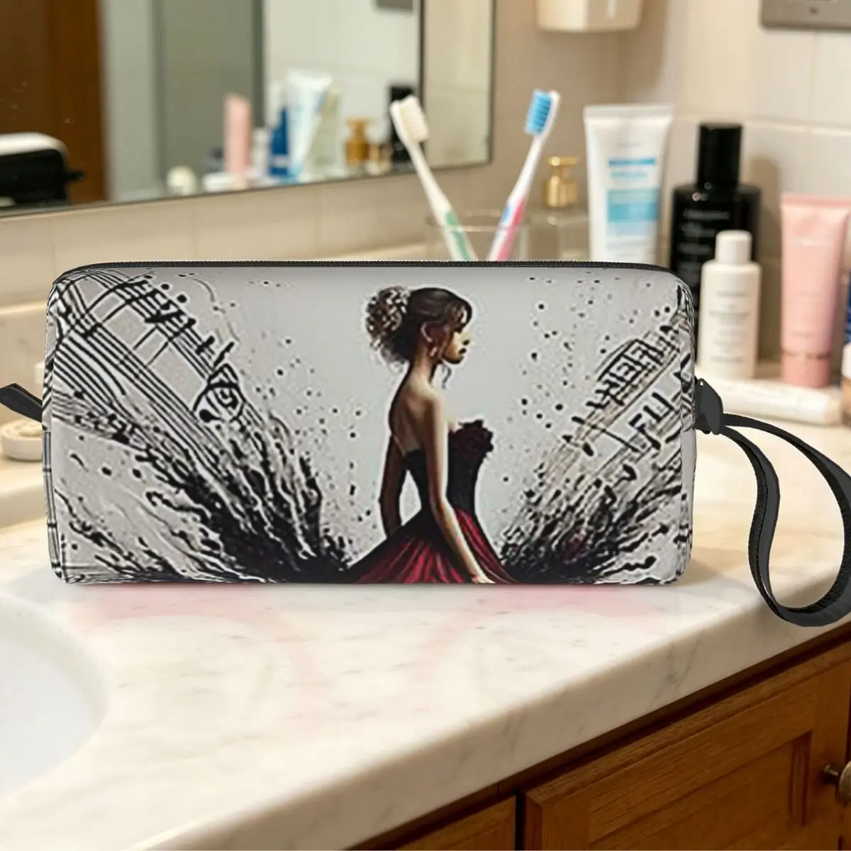 Beautiful Lady Piano Musical Notes, Wavy Dress Makeup Bag Cosmetic Organizer Toiletry Cosmetic Bag for Women Beauty Travel