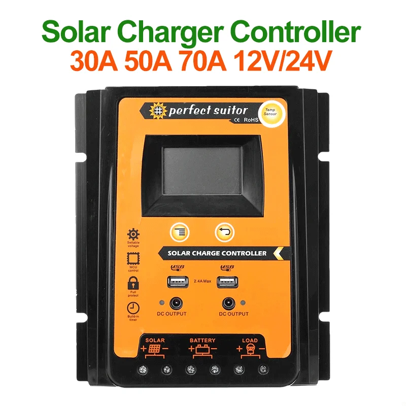 Imagem -02 - Painel Solar Controlador de Carga Regulador da Bateria Usb 5v dc 12v 24v 30a Pwm 50a 70a Pwm Mppt pv Adaptativo Lcd