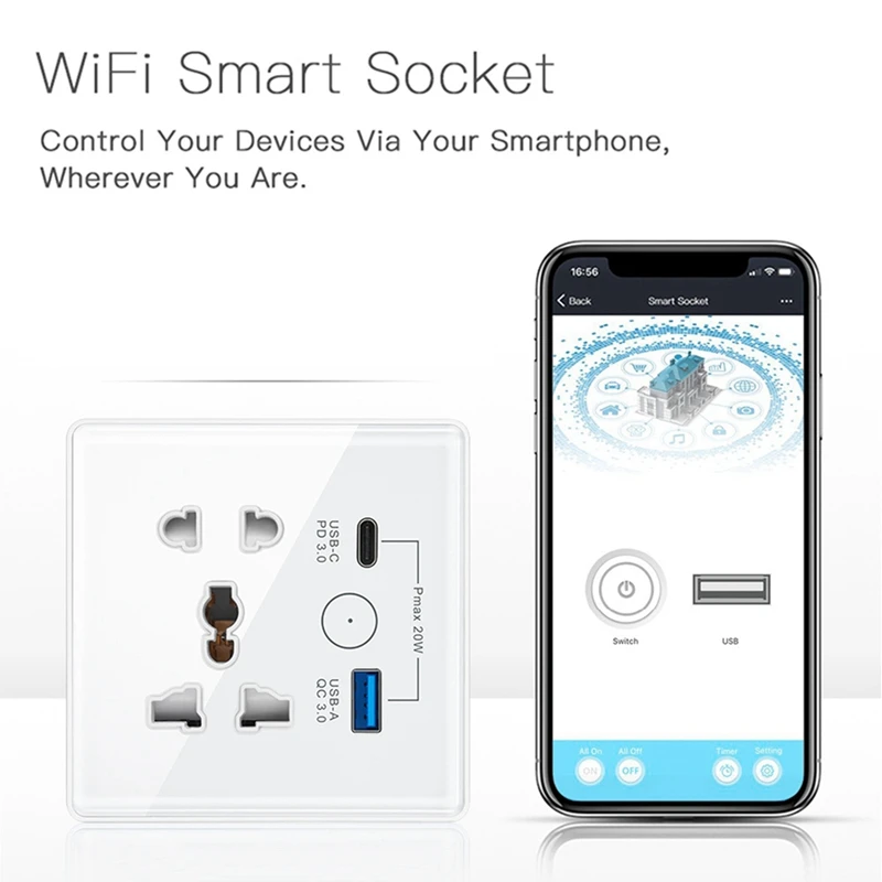Tuya Smart Socket With Typec+USB Fast Charging Remote Timing Socket Wifi Smart British Standard 86-Type Five-Hole Socket B