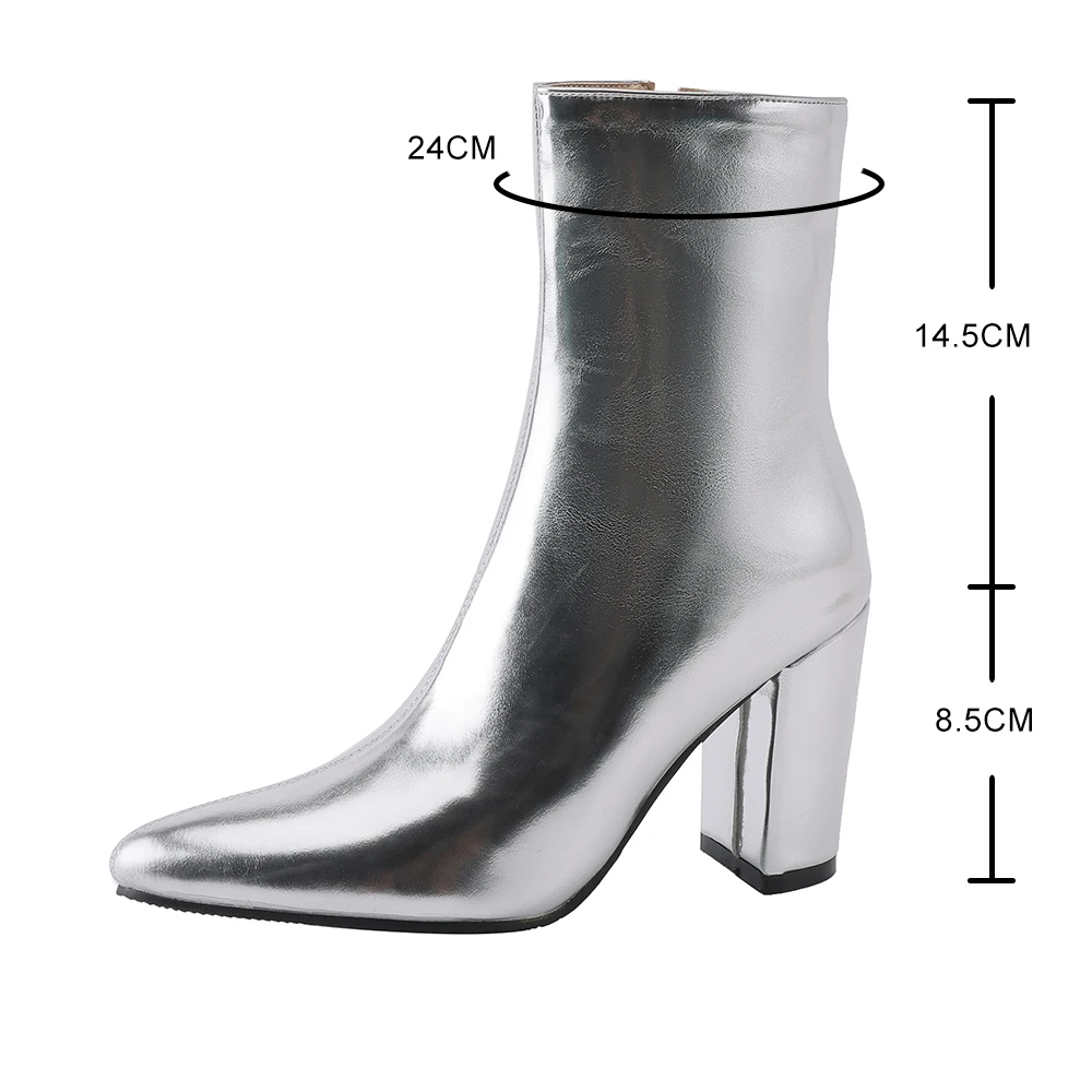 2024 wiosenne modne srebrne lakierowane damskie botki ze szpiczastym noskiem kwadratowe wysokie obcasy buty Chelsea Botas De Mujer