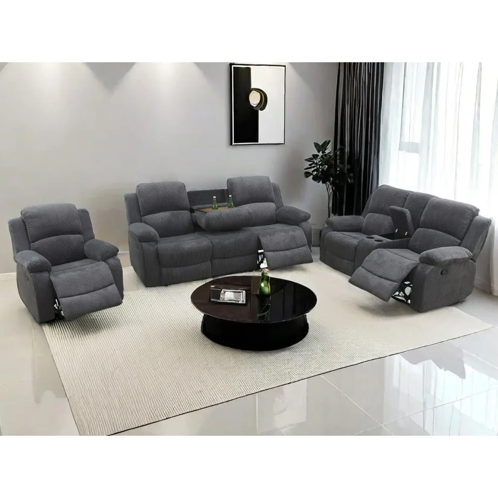 

Fabric Recliner Sofa Set Grey Loveseat Couch Chair Set Living Room Furniture Sets 3PCS Manual Reclining Sofa Set with Cup Holder