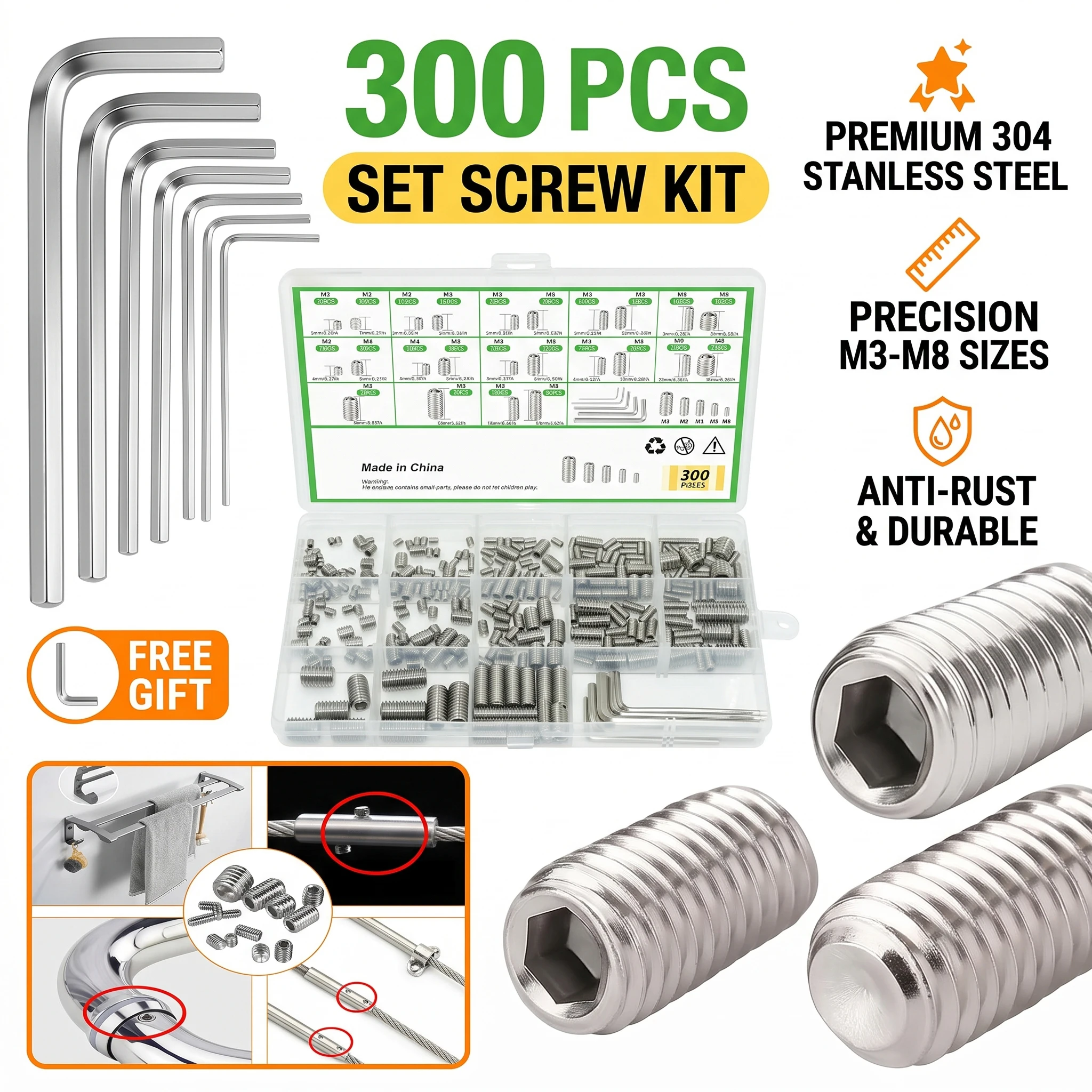 300 Stück 304 Edelstahl-Grubenschrauben-Set M3 M4 M5 M6 M8 Innensechskantkopf, kopflose Schrauben mit Tassenspitze, Inbusschrauben-Sortiment-Kit mit Wre