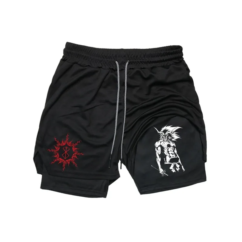 

Шорты для фитнеса Berserker Guts для мужчин, спортивные дышащие шорты с принтом 2 в 1, брюки-полотенца, быстросохнущие брюки для тренировок