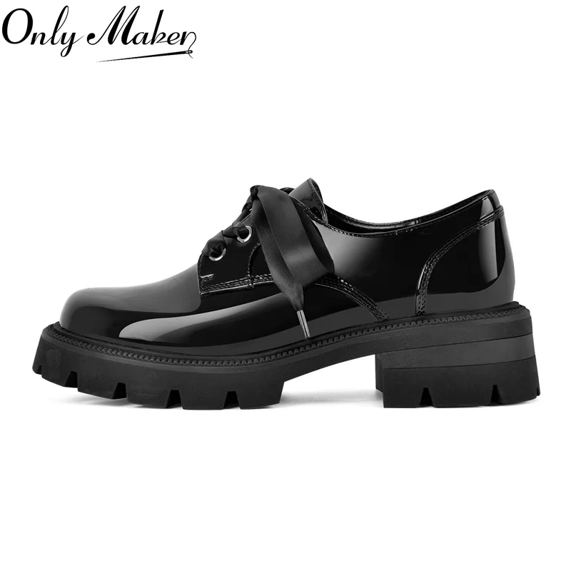 

Onlymake Round Toe Black Lace-up Chunky Heel Loafer Pumps