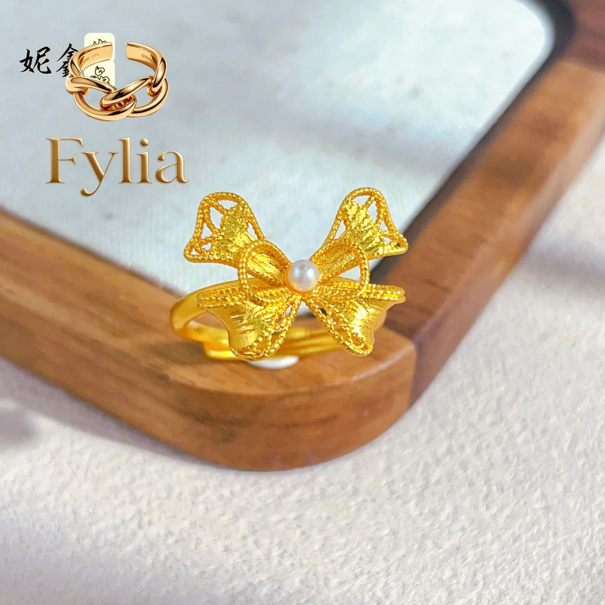 

Fylia Jewelry Filigree Bow Open Ring Women's 24K Gold AU999 - 24K pure gold bow filigree ring, eye-catching shine, charming da