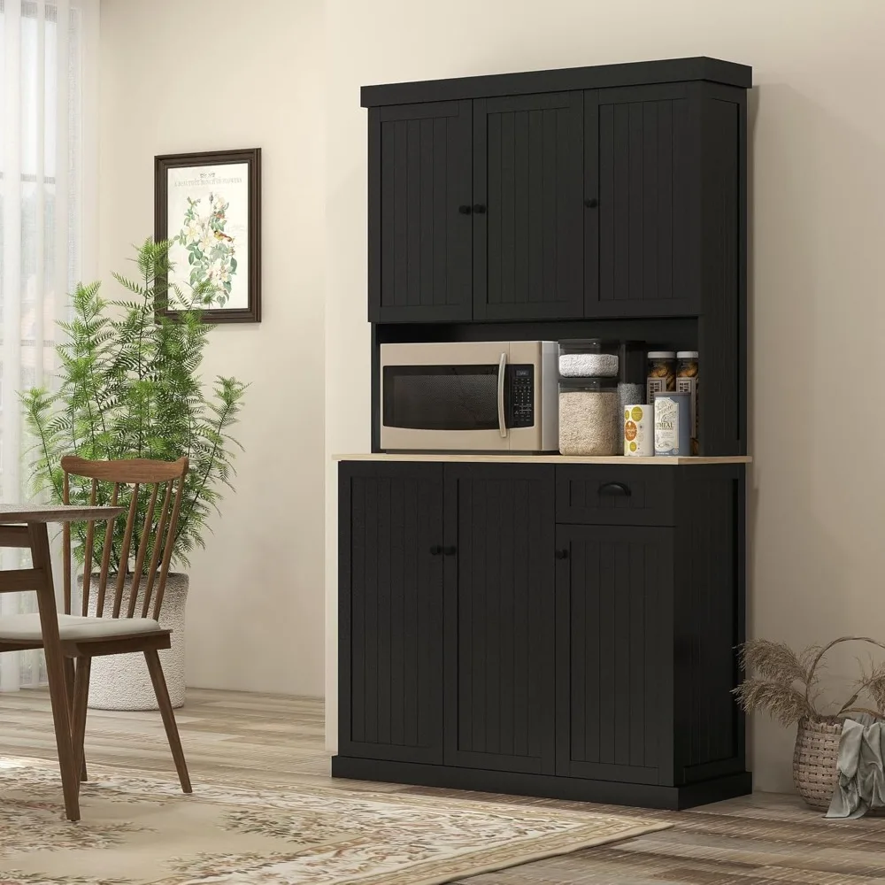 

71" Buffet with Hutch, Modern Farmhouse Kitchen Pantry Storage Cabinet with Microwave Oven Countertop, Black, Kitchen Cabinets