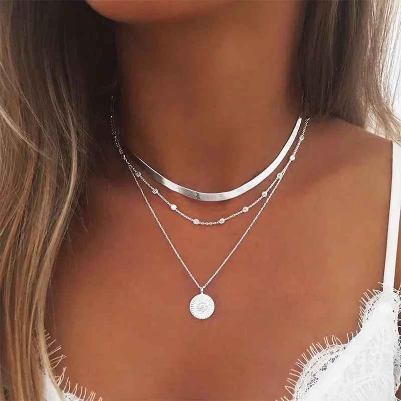 

925 Sterling Silver Three-Layer Round Necklace Simple Snake Chain Charm Ball Chain Party Wedding Gift Women's Exquisite Jewelry