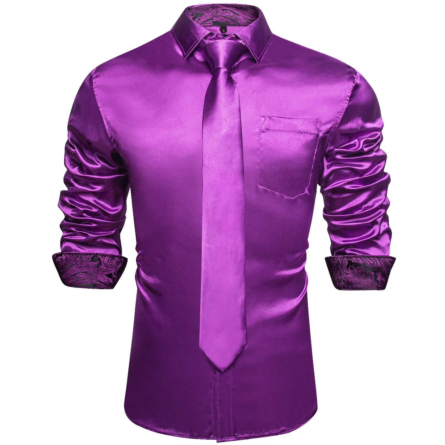 Men\'s Purple Satin Luxury Dress Shirts Silk Smooth Soild Wedding Party Social Tuxedo Prom Shirt Long Sleeve Top Casual Men Cloth