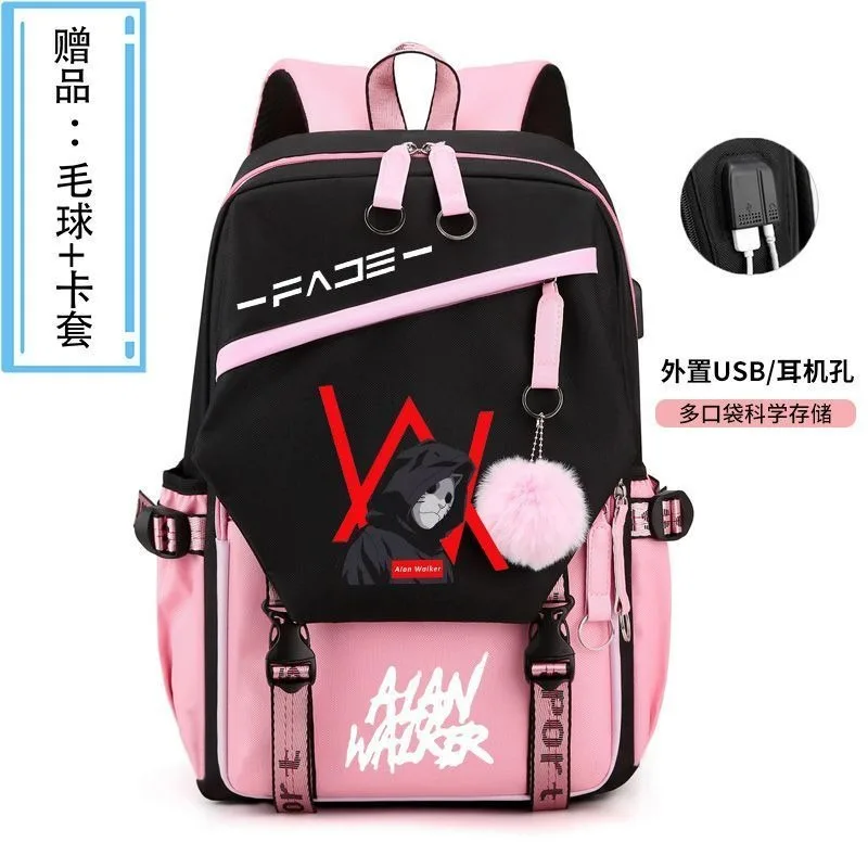 Breathable mesh,With USB, jack 3.5mm,Black Blue Pink White Yellow,Alan Walker,Marshmello,School Bags, Anime Backpacks Girls Boys