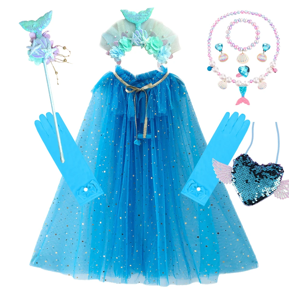 

10 Pcs/Set Girl Halloween Costume Sequin Tulle Cloak Wand Bag Gloves Necklace Lightweight Candy Color Kids Birthday Party Outfit