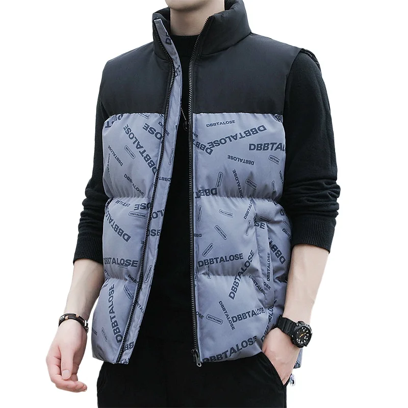 Autumn Winter Padded Vest Men Outdoor Loose Thick Warm Sleeveless Cardigan Vest Handsome Stand Collar Down Cotton Waistcoat