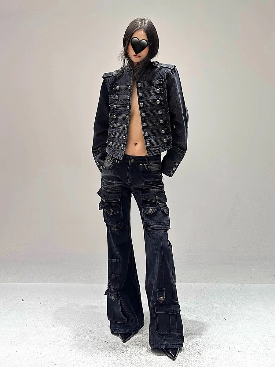 REDDACHiC Cyber Y2k noir Flare jean rue Vintage lavage multi-poches extensible taille basse Cargo pantalon Grunge femmes cloche bas
