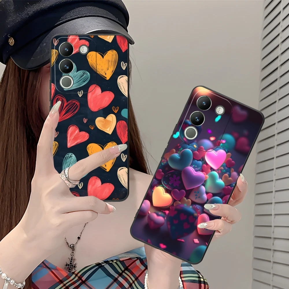 Y2K Glowing Love Hearts Mobile Phone Case for VIVO Y95 Y93 Y31 Y20 V19 V17 V15 Pro X60 NEX Black Soft Phone Cover Shell