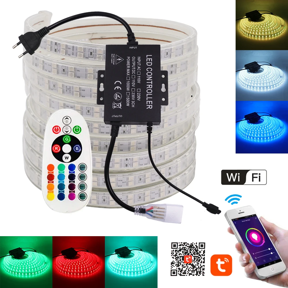 

110 В 220 В RGB Smart Tuya WIFI Светодиодная лента 5050 60 120 светодиодов/M 24 клавиши Дистанционная гибкая лампа Освещение садовой комнаты ЕС США Великобритания AU Комплект