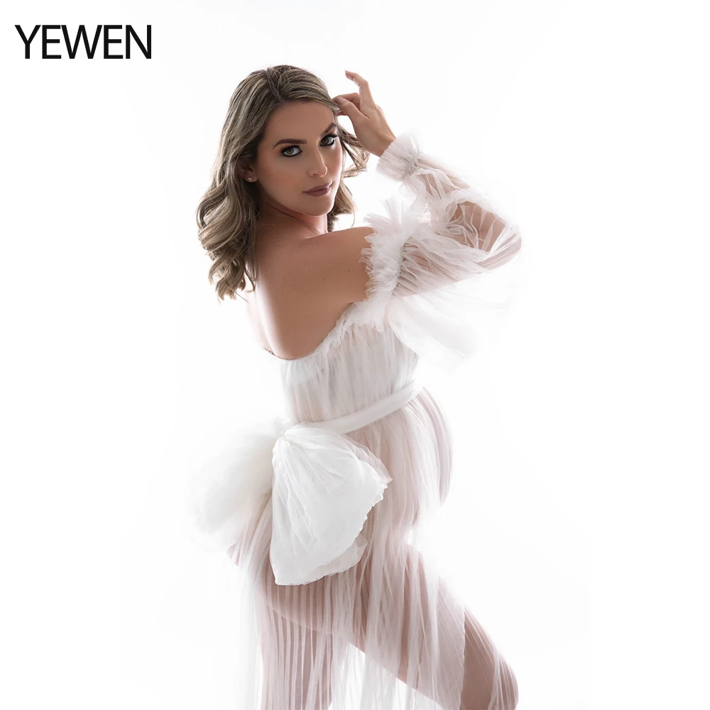 Sexy See Through Maternity Photography Dress Long Puffy Sleeves Tulle Pleated Photo Shooting Dress YEWEN