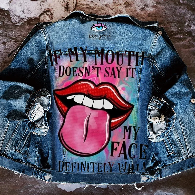 Denim Jacketwomen's Stylewomen's New Autumn New Hot Selling Street INS Net Red With The Same Playful Girl Tongue Out Print Patte
