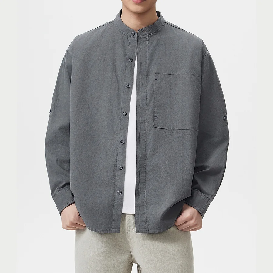 

Old Money Simple Fashion Cotton Linen Shirt Men Business Casual Commute Loose Long Sleeve Stand Collar Shirts Male Clothes Tops