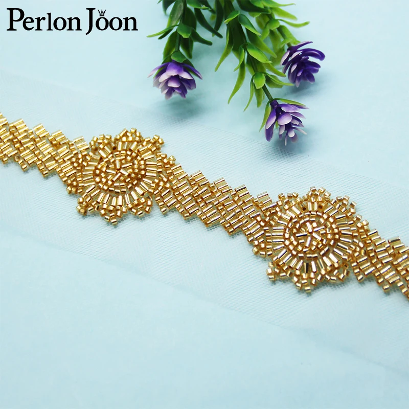 5Yards Round Shape Gold Glass Bead Imitation Handmade Mesh Lace Trim Ribbon DIY Decoration for Clothing Wedding Dress Belt HB085