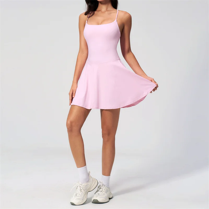 SVEIC MuseDrape Women Yoga One-Piece Jumpsuit Cross Hollow Back Fitness Running Tennis Skirt Workout Gym Short Dress With Pocket