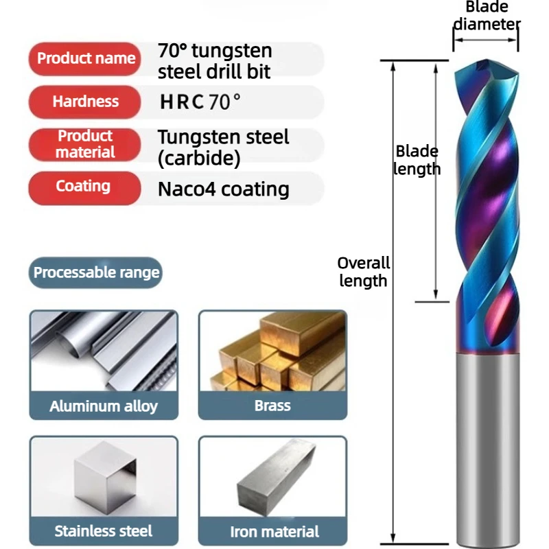 HRC65 Solid Carbide Twist Drill 60-100mm Blue Coated 1-15mm for Hard Steel, CNC Long Length Wear-Resistant Drilling Tool