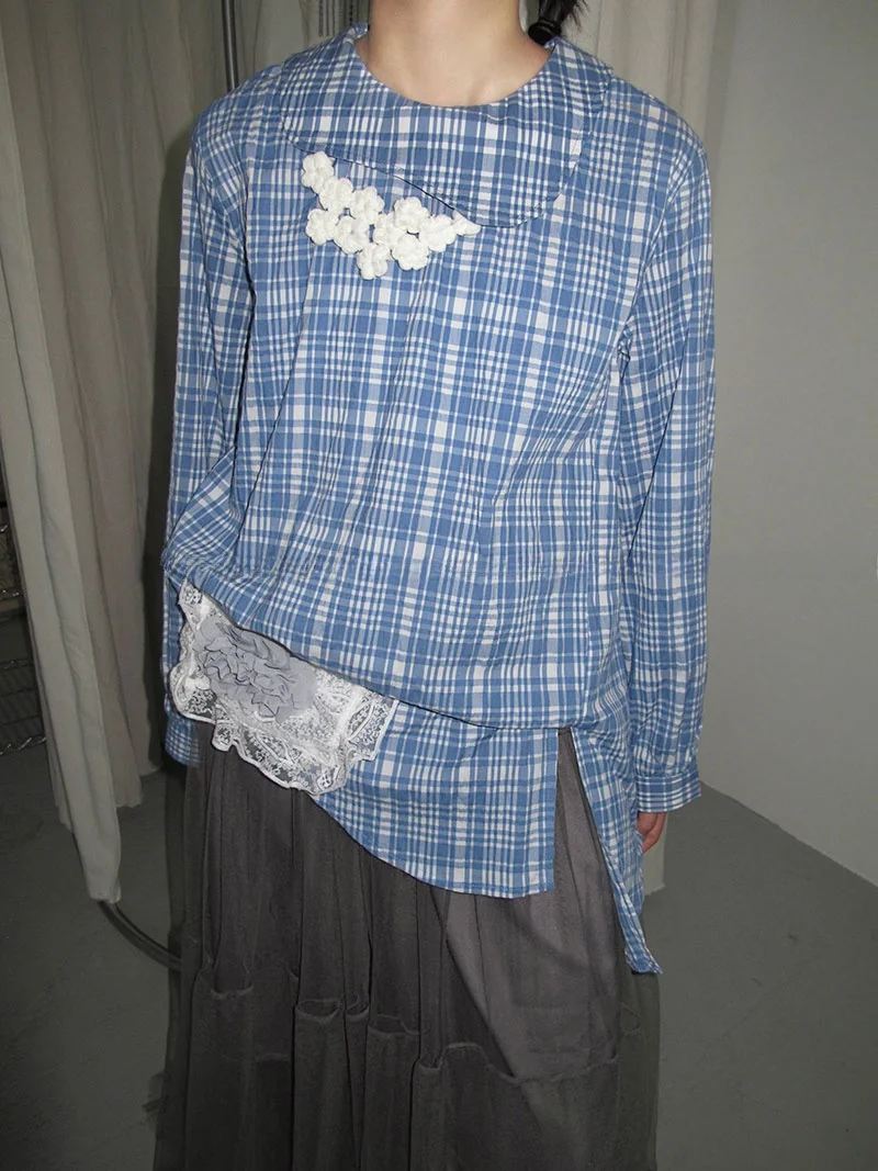 

Japanese Sle Plaid Button-Up Doll irt Asymmetrical Petal Collar Long Sve Breathable Cotton Girls' irt Purple