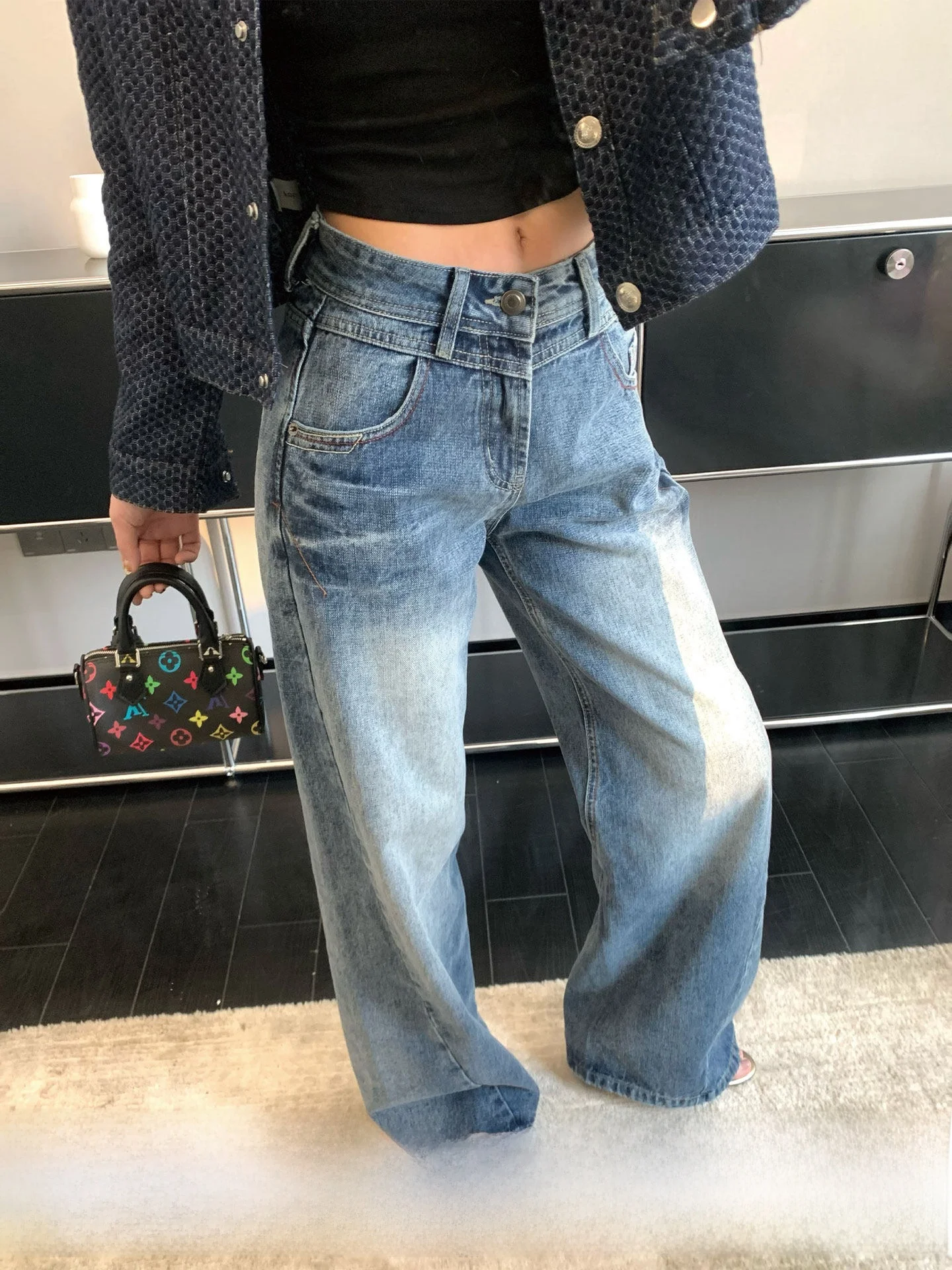 

Женские джинсы с низкой талией, повседневные, свободного кроя, в винтажном стиле, на раннюю весну, универсальные, с широкими штанинами, Okaaay Spring Sakura Sweet Wild