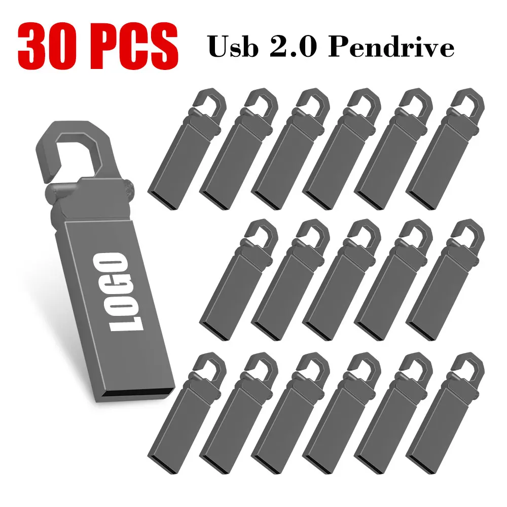 30PCS Pendrive Metal 64GB Free Logo Black 32GB Pen Drive 16GB Memory Stick Free Key Chain U Disk 8GB 4GB