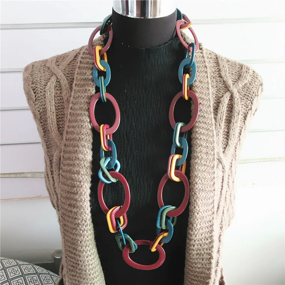 FishSheep Bohemian Geometric Acrylic Long Chain Necklace for Women Resin Big Multi Color Links Necklaces Collar Party Jewelry