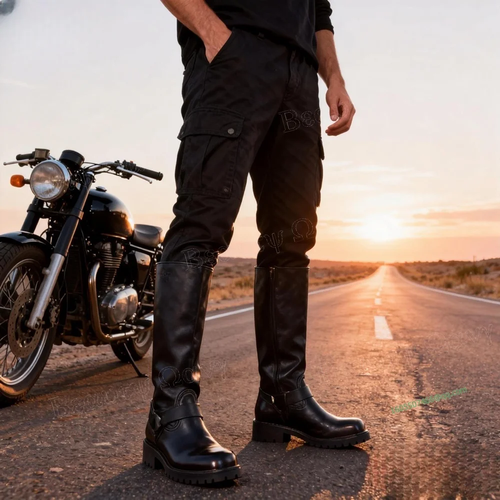 

Black Mid Calf Knight's Boots Square Heel Men's Shoes Long Solid Round Toe Knee High Shoes for Men 2024 Zapatos Para Hombres