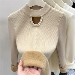 Women Sweater 2023 Autumn Winter Thicken Velvet Lined Warm Sweater O-neck Bottoming Shirt Long Sleeve Korean Knit Pullovers