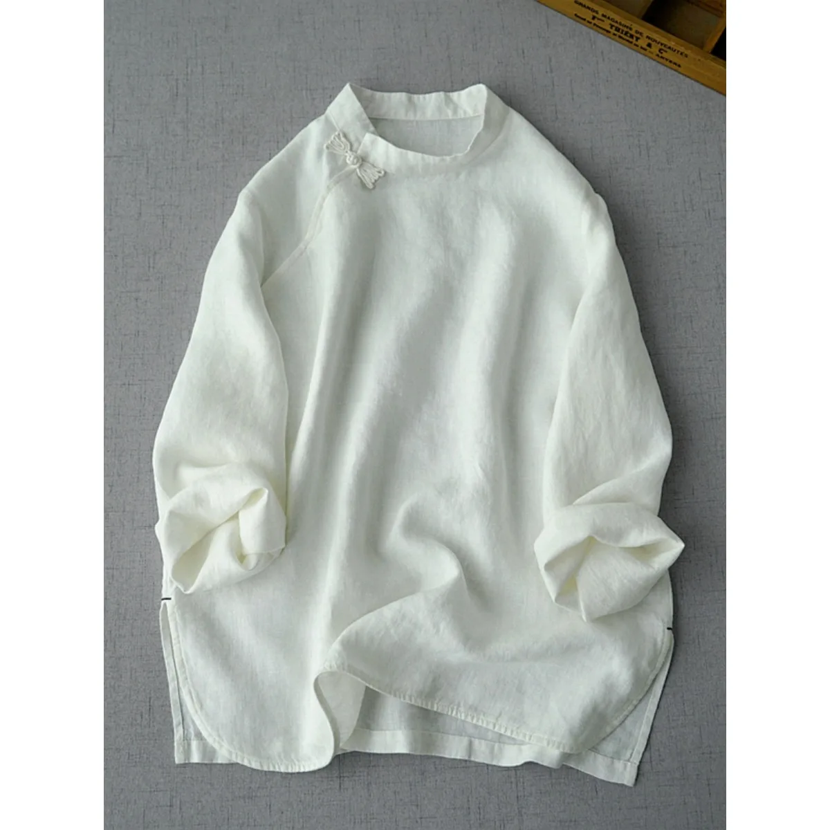

Spring New Retro Button Washed Lin Long Sleeve Shirt Chinese Zen Style Women Elegant Top Sleeveless Pullover Shirt