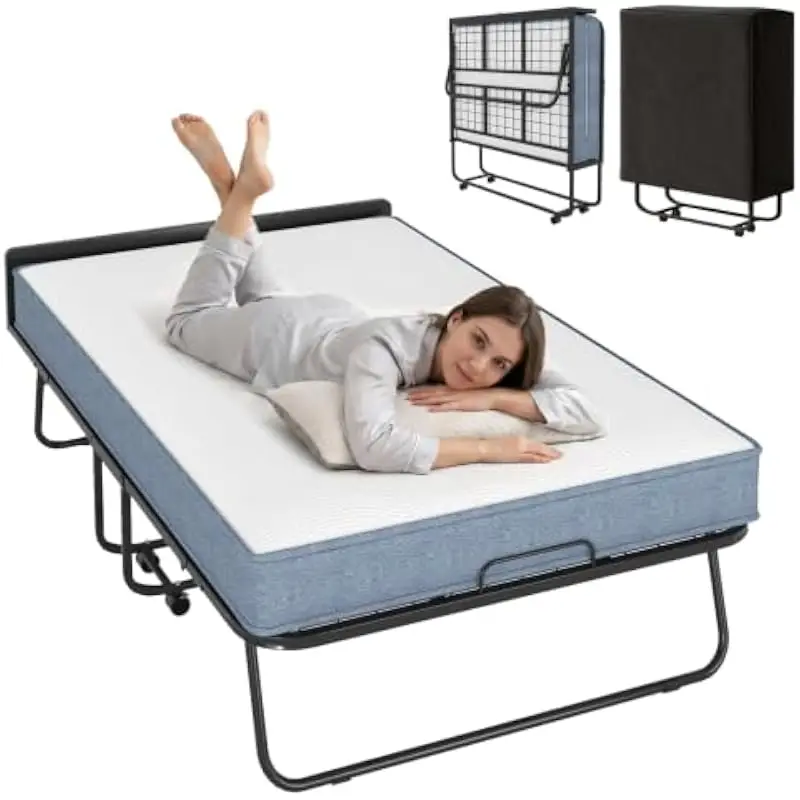 75 x 46 inch modern foldable guest bed with 5 inch memory foam mattress, sturdy metal frame, lockable 360° casters, space saving